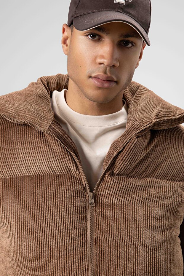 Oversize Kadife Şişme Mont Taba - 2