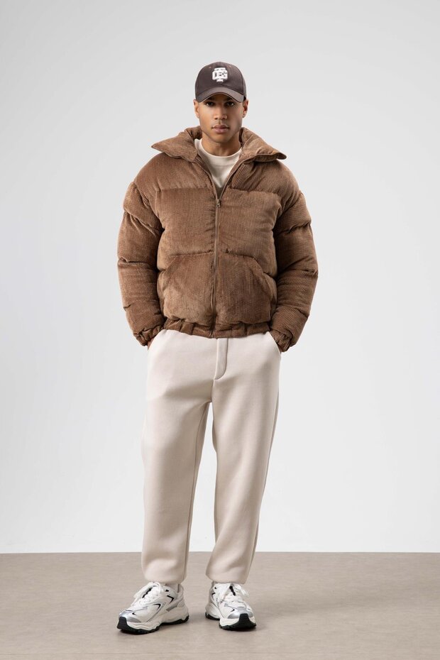 Oversize Kadife Şişme Mont Taba - 1