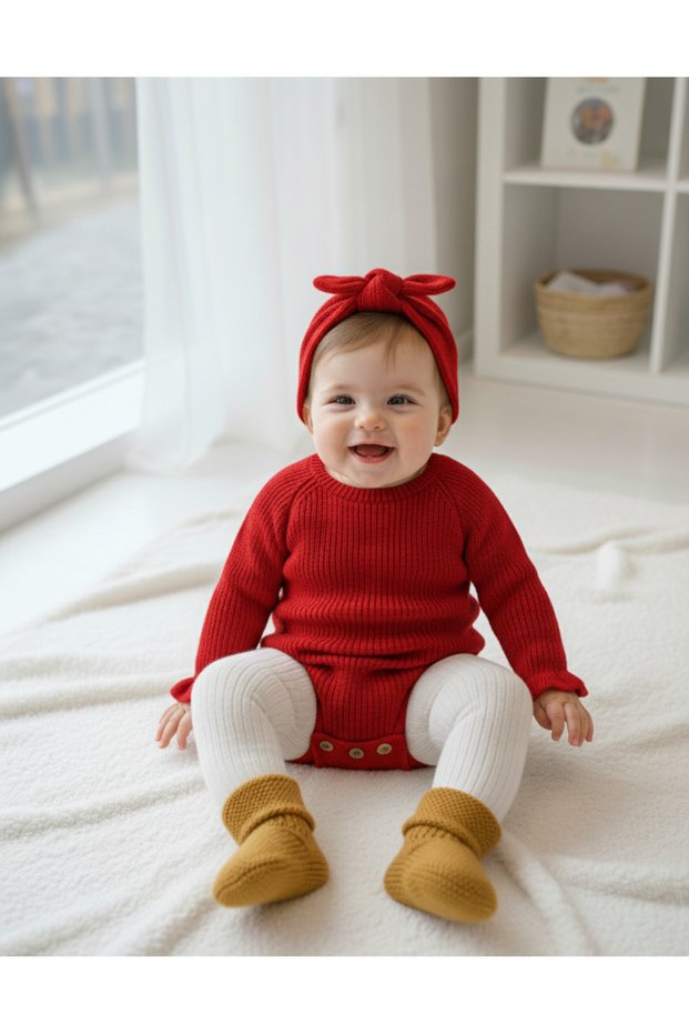 Buttoned Ruffle Sleeve Detailed Knitwear Baby Girl Bodysuit (with Bandana) (0-12 Months)