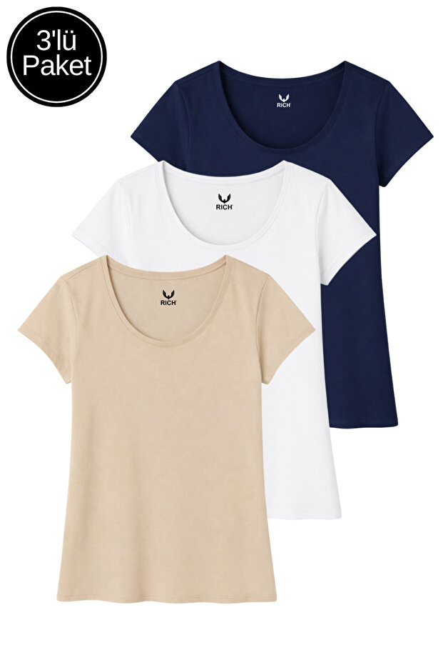 Women's Navy Blue - White - Beige 3-Pack 100% Cotton Short Sleeve T-Shirt Ast4