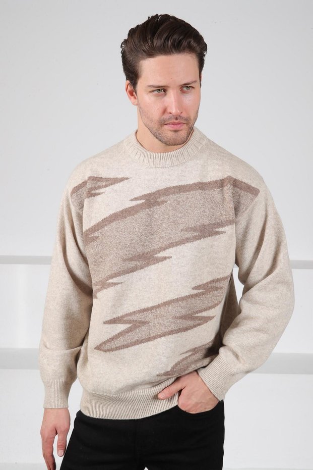 A.Beige/Brown Crew Neck Color Block 100% Lambswool Men's Knitwear Sweater