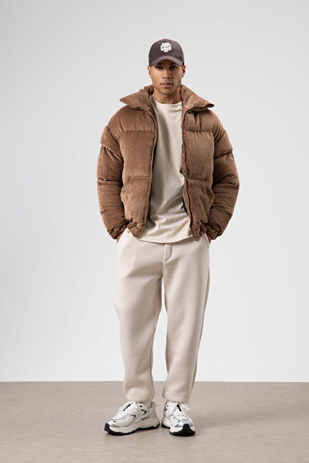 Oversize Kadife Şişme Mont Taba - 4