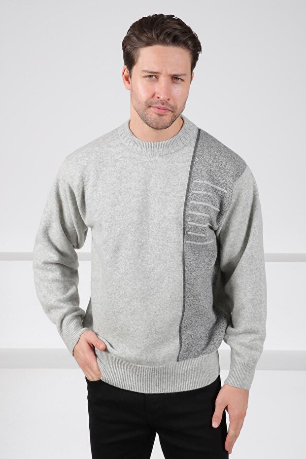 A.Grey Crew Neck Stripe Detailed 100% Lamb Wool Men's Knitwear Sweater