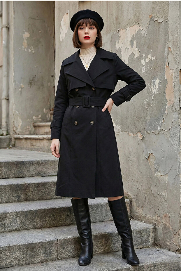 Natural Black 100% Cotton Gabardine Long (110cm) Lined Belted Women's Trench Coat 1111