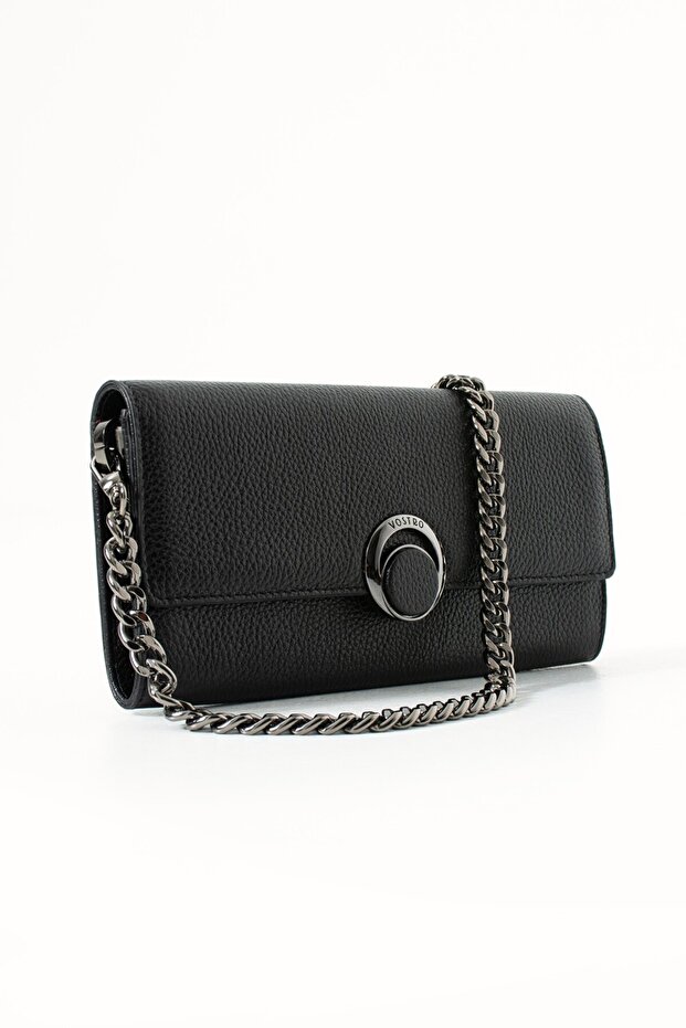 100% Genuine Leather Women's Clutch Black Hand and Shoulder Bag - Handmade Italian Style Chain Strap Model