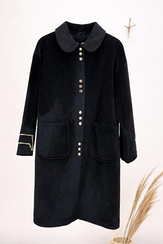 Buttoned Fur Coat with Chain Detail on the Sleeve