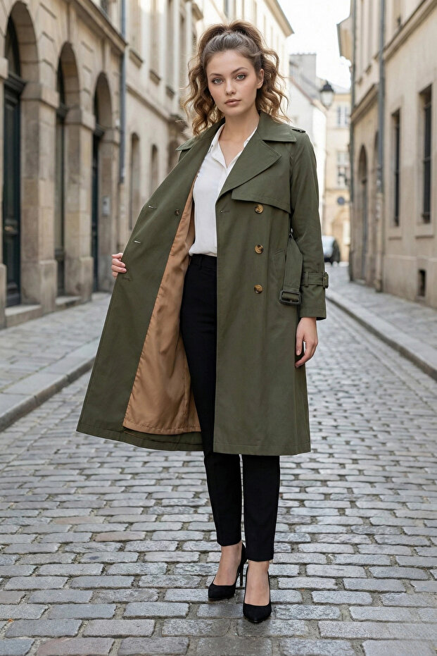 Olive Green 100% Cotton Gabardine Long (110cm) Lined Belted Women's Trench Coat 1111