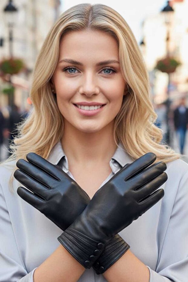 Women's Button Detailed Lined Genuine Lambskin Leather Gloves