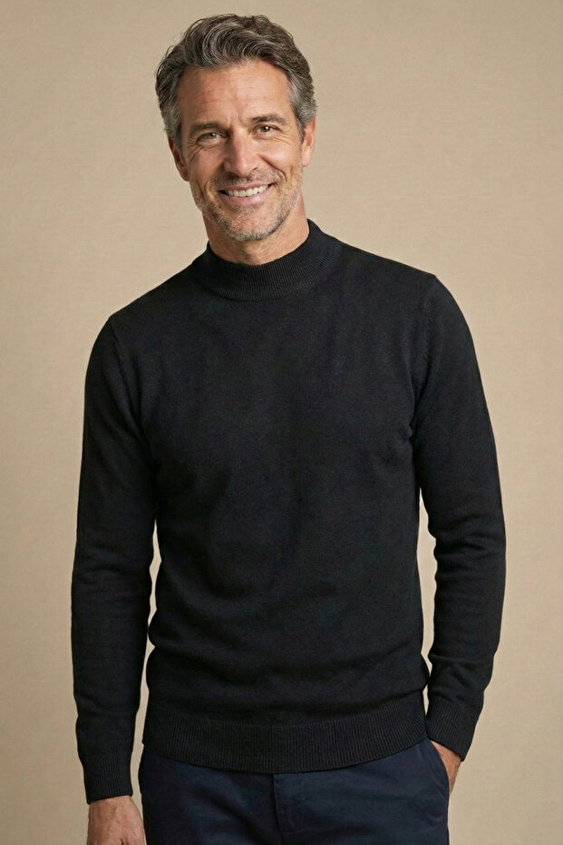 Men's Dad Black Solid Color Half Turtleneck Knitwear Sweater