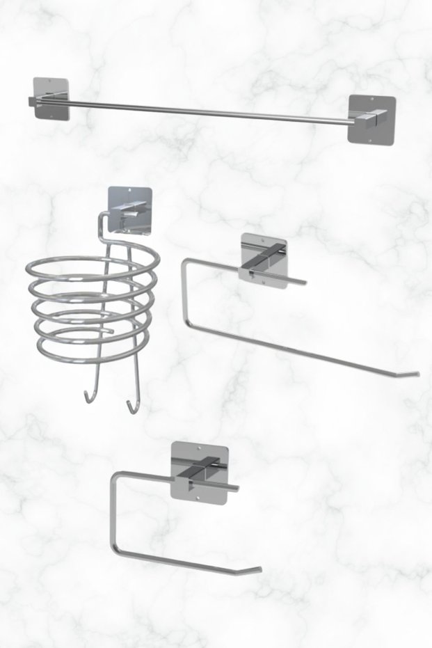 Adhesive Silver Long Towel Holder, Roll Napkin Holder, Toilet Paper Holder and Blow Dryer Hanger