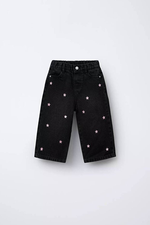 Silvery Star Printed Wide-Leg Girls' Denim Pants (Comfortable Fit)
