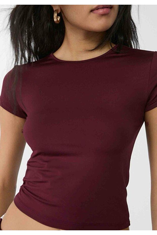 Bordo Bisiklet Yaka Basic Kadın Tişört - 2