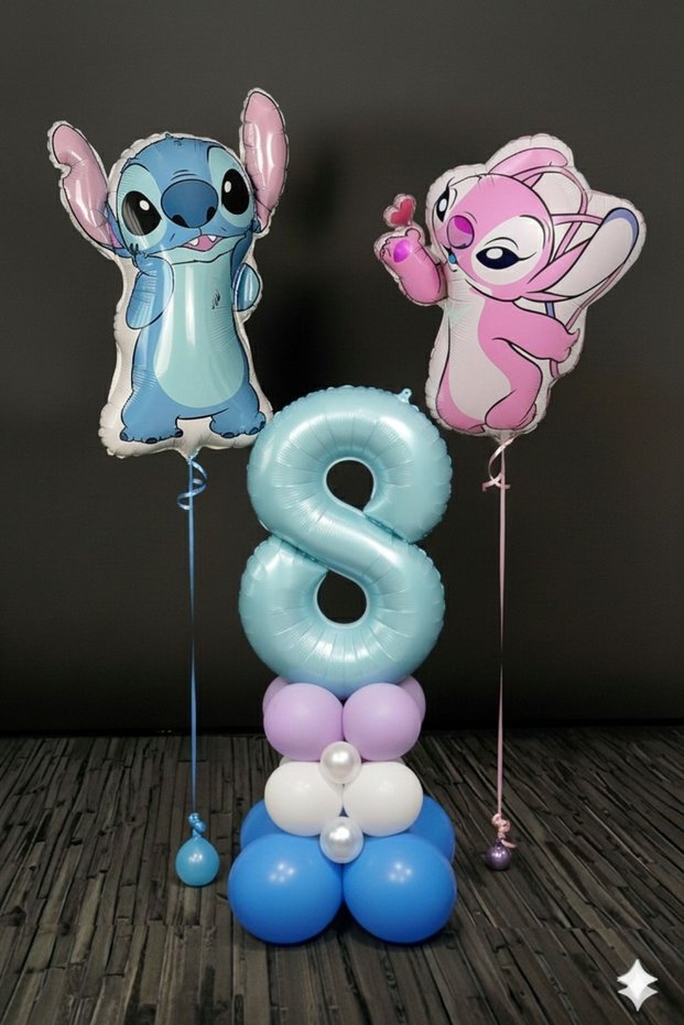 8 Year Old Lilo and Stitch Birthday Concept Blue Number Balloon Column Flying Balloon Set of 2 Stitch and Lilo