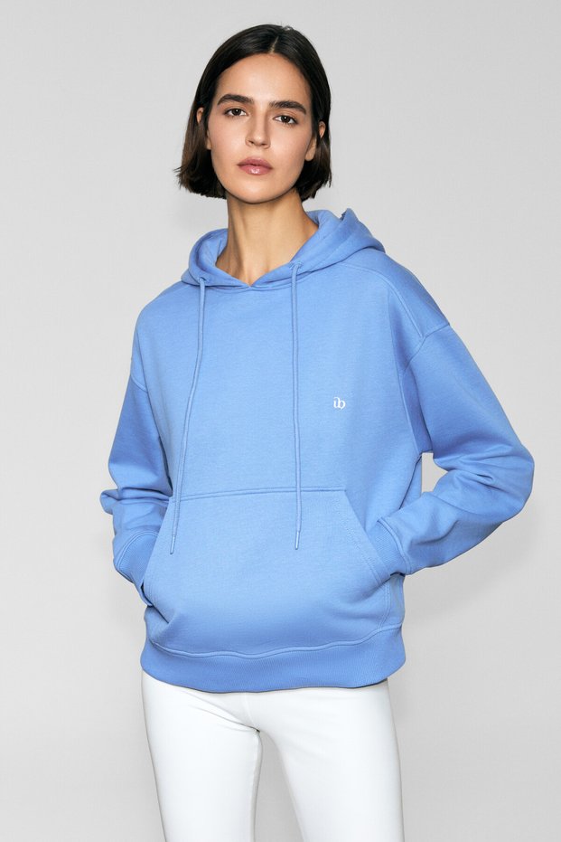 Jingso women's fleece soft Hooded kangaroo pocket printed blue sweatshirt