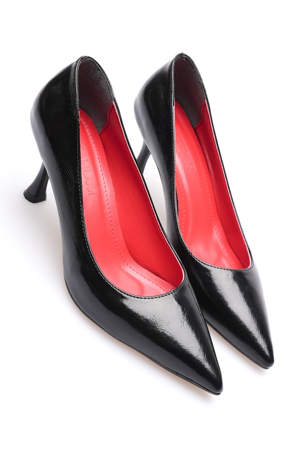 Shoper Black Patent Leather Mid-Heel Pointed-Toe Stiletto Women's Shoes.