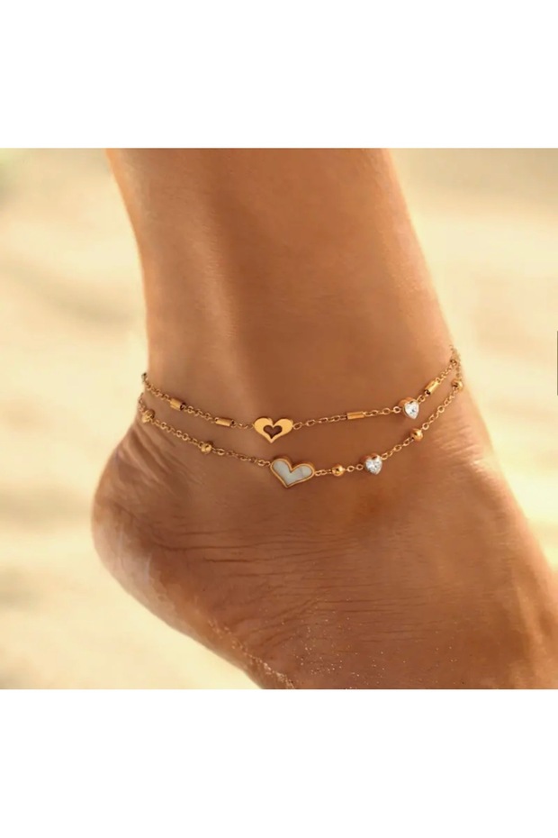 Gold Color Double Non-Tarnish Anklet Set with Heart Figure