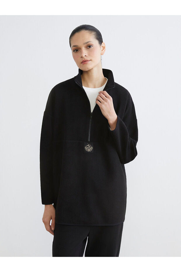 Mock Neck Embroidered Fleece Women's Sweatshirt Tunic