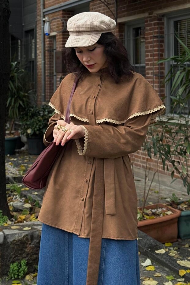 Dantelli Süet Gömlek Camel - 1