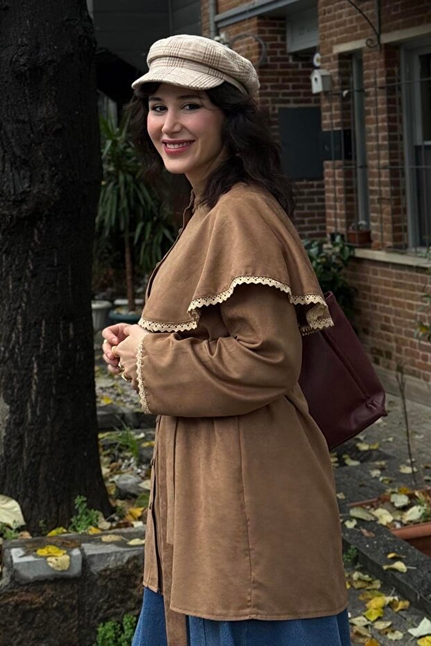 Dantelli Süet Gömlek Camel - 5