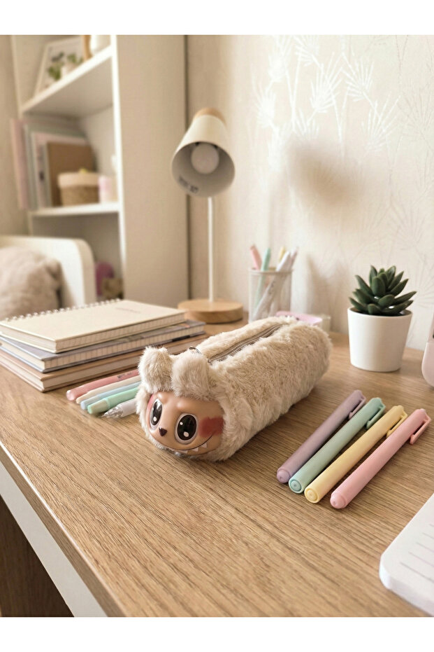 Cute Labubu Character Furry Pen Holder Zippered Soft Pencil Case – Beige