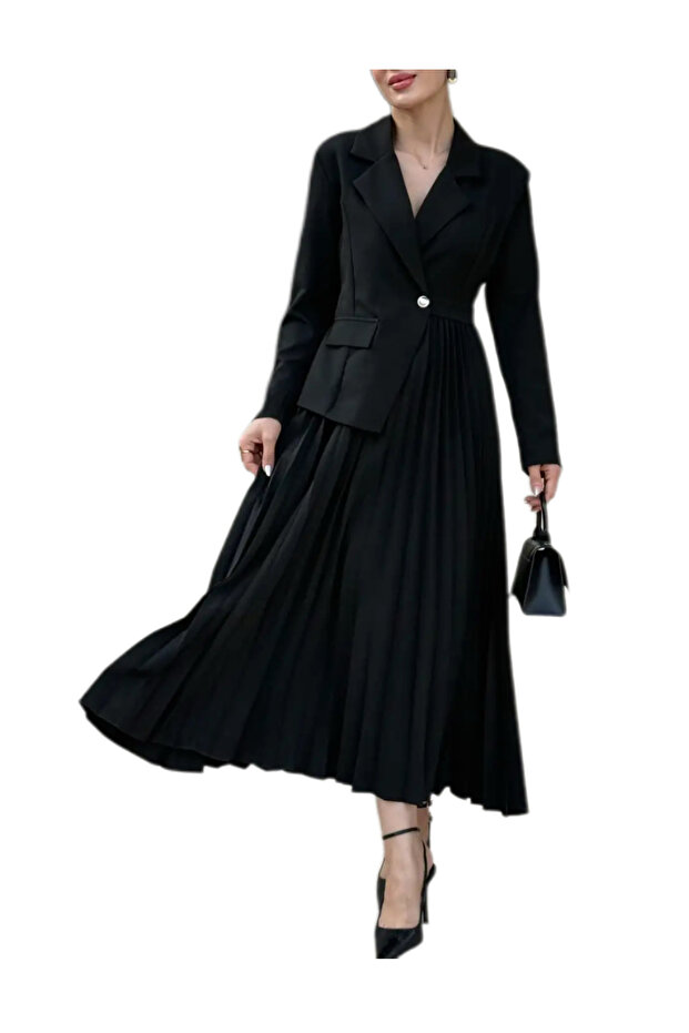 Ceket Görünümlü Piliseli Tek Parça Elbise - 1