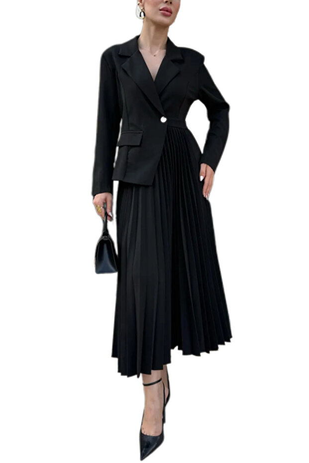 Ceket Görünümlü Piliseli Tek Parça Elbise - 2