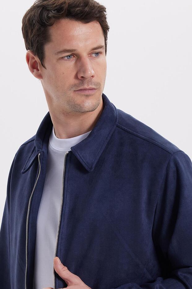 Men's Relax Fit Comfortable Cut Suede Zippered Lined Pocketed Navy Blue College Jacket Coat