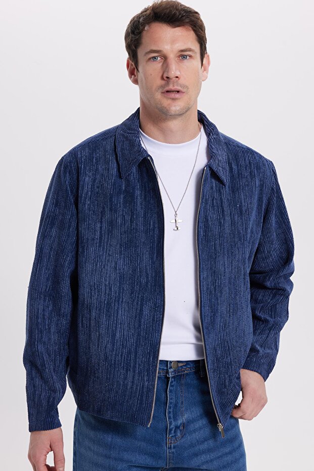 Men's Relax Fit Comfortable Cut Ribbed Zipper Lined Pocket College Indigo Coat Jacket