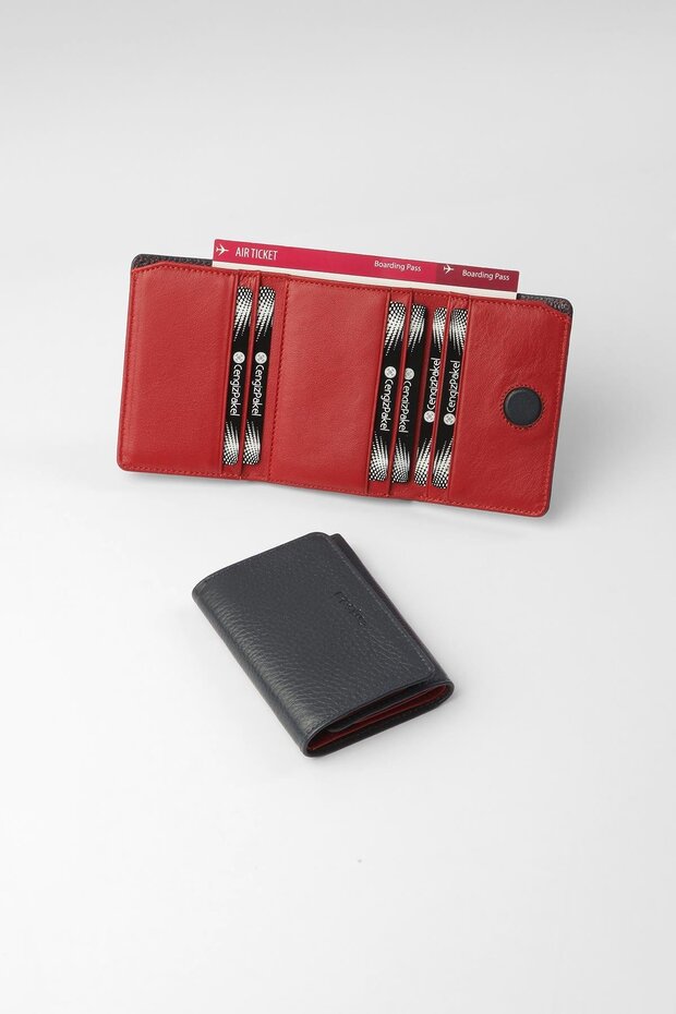 Genuine Leather Unisex Wallet with Hidden Magnet Detail - 13708 - Navy Blue/Red