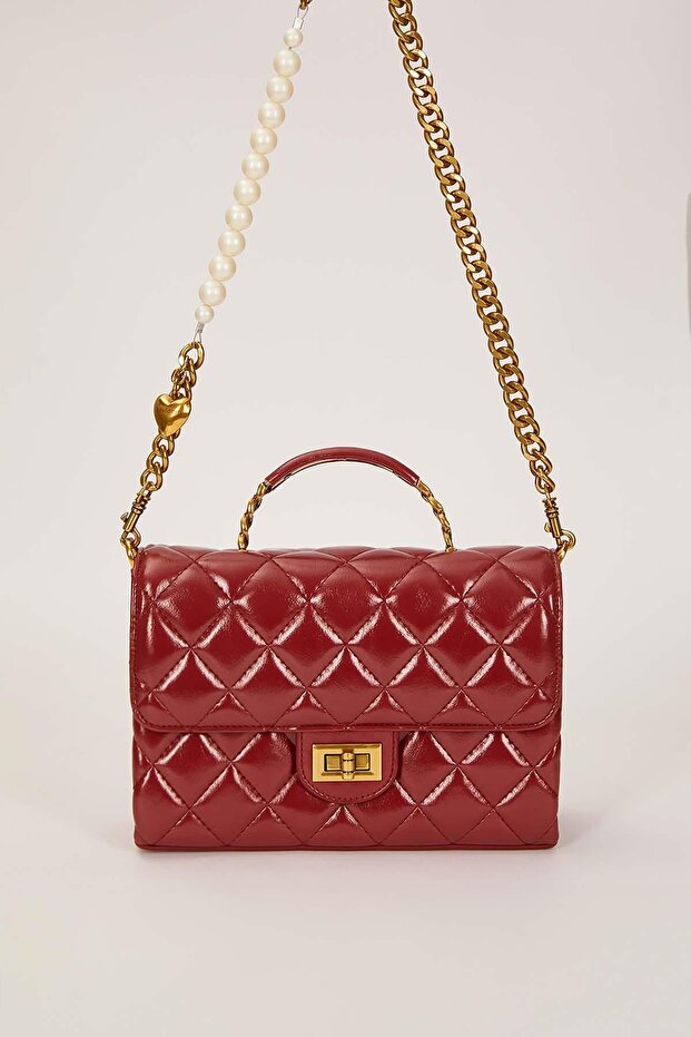 Shoulder Bag with Red Pearl and Heart Accessory Detail
