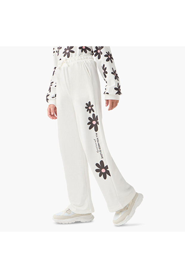 Girls Track Pants with Floral Print - Cotton - Drawstring Waist