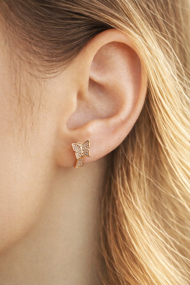 Mini Butterfly Detailed Zircon Stone Hoop Earrings – 9 mm Rose Gold