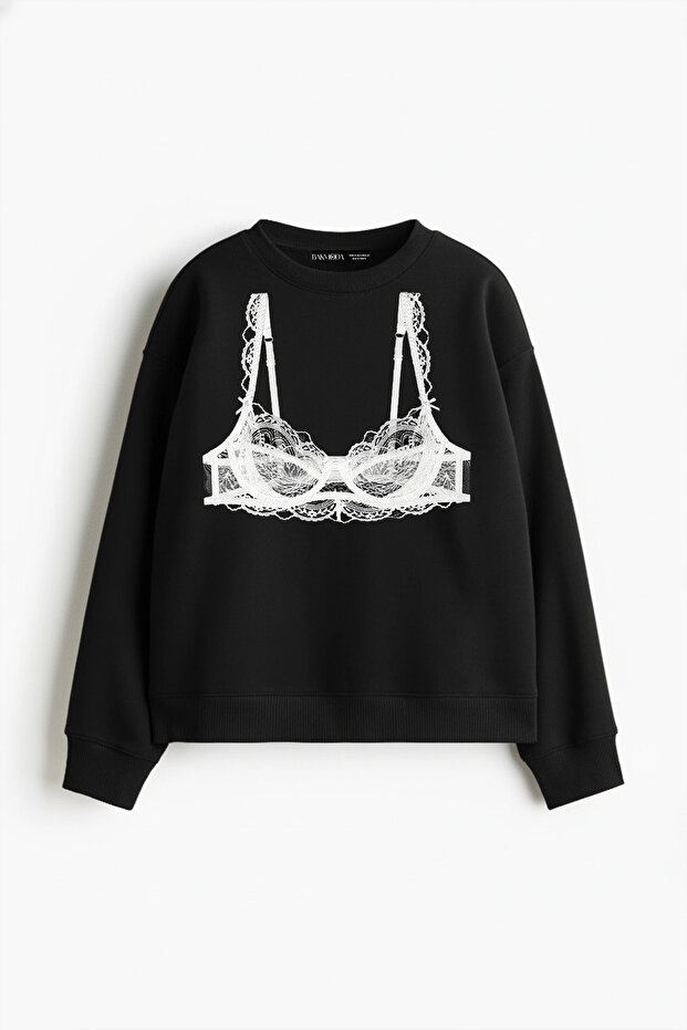 Black Bra Printed Hoodless Relaxed Fit Women's Black Sweatshirt