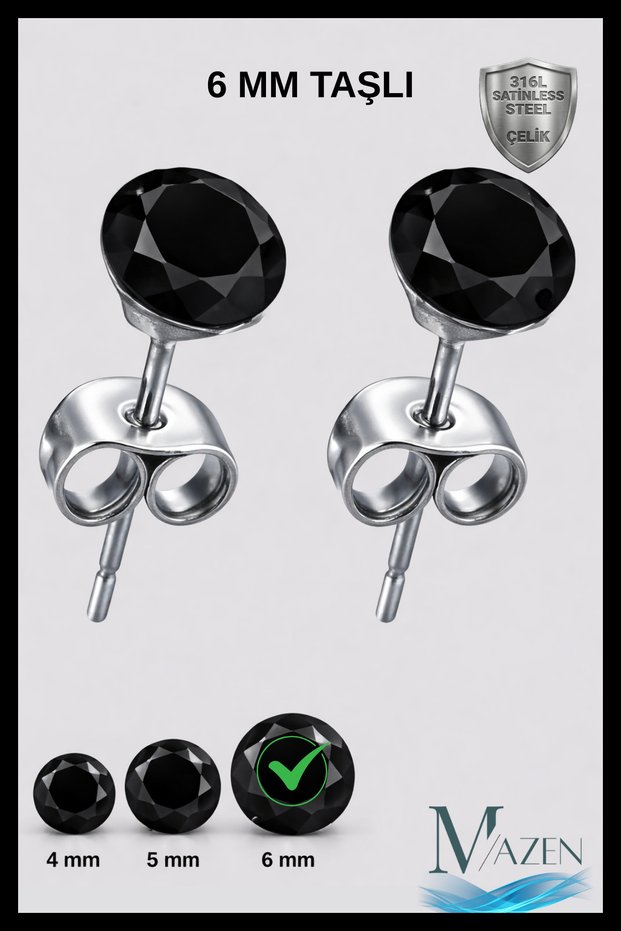 Black Single Stone Women's Men's Steel Earrings | Flat Model | 4 mm Stone | Non-Tarnishing Steel Antiallergic