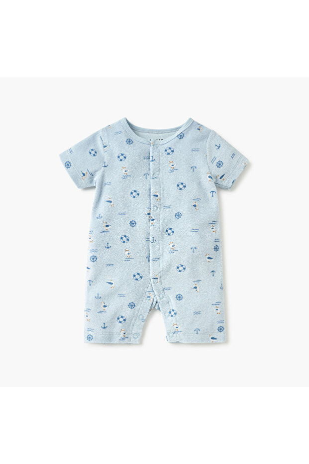 Graphic Print Romper with Short Sleeves and Button Closure