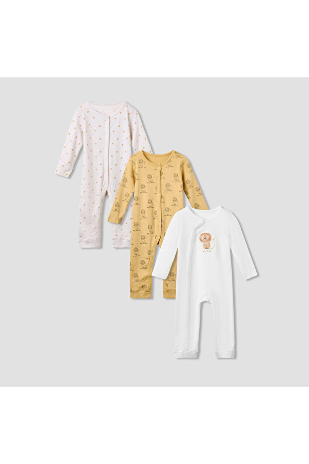 Printed Sleepsuit with Long Sleeves and Button Closure - Set of 3