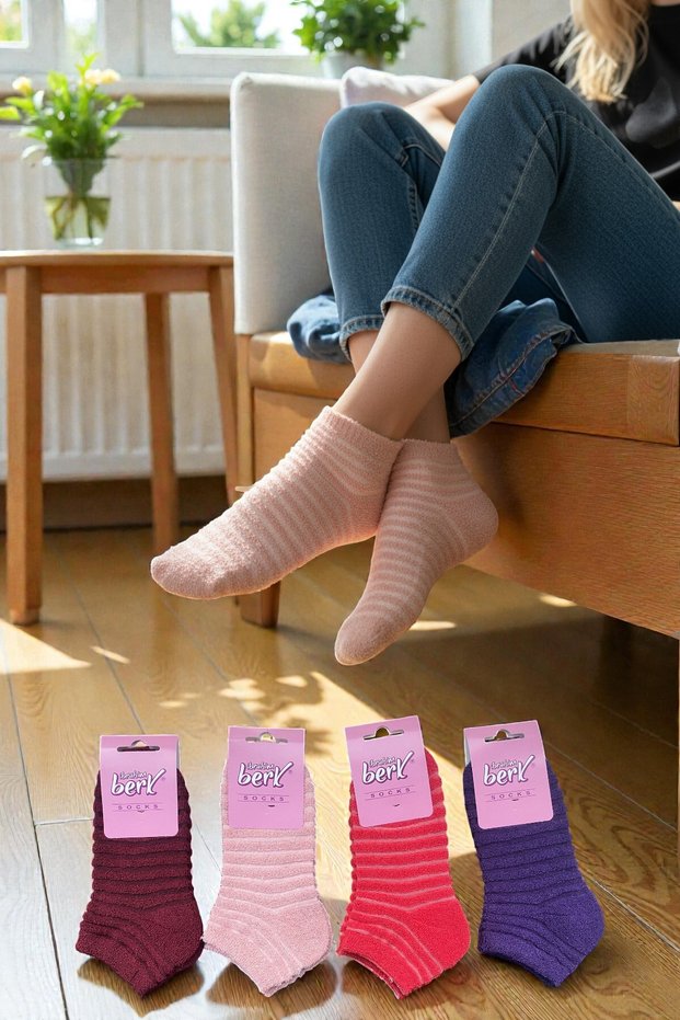 4 Pairs of Women's Reverse Towel Booties Socks – Colorful and Soft