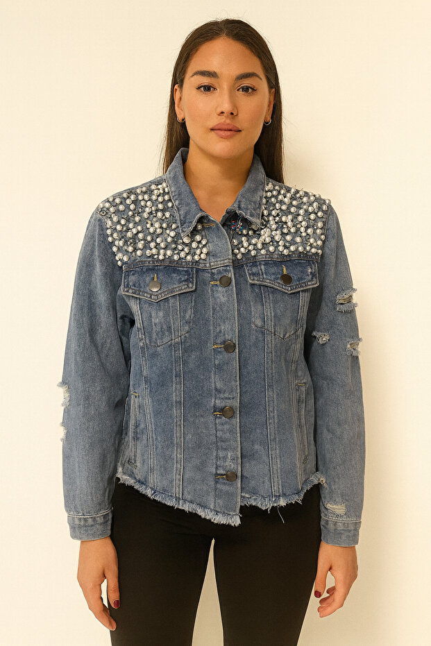 Women's Designer Pearl and Stone Embellished Denim Coat Jacket