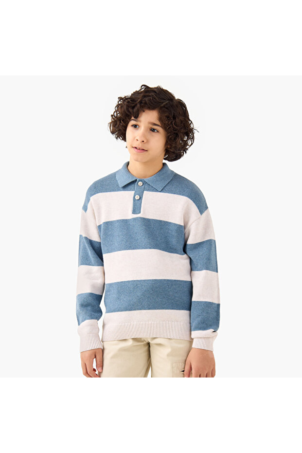 Striped Polo Pullover with Long Sleeves