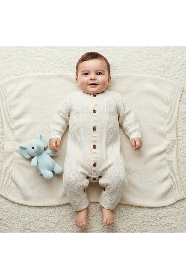 Cotton Round Neck Long Sleeves Sleepsuit with Knit Texture