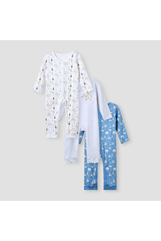 Assorted Sleepsuit with Long Sleeves and Button Closure - Set of 3