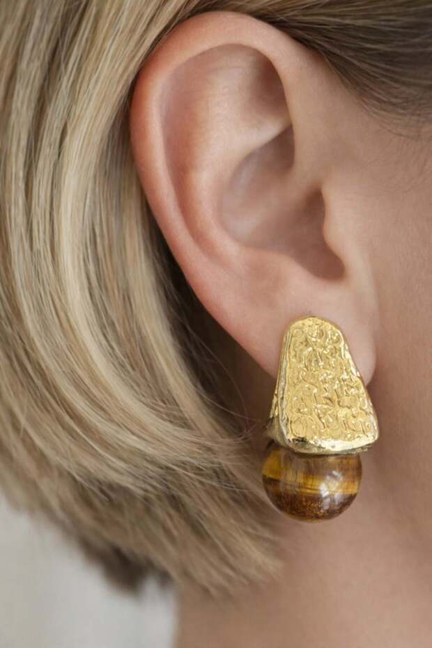 Gold and Coffee Color Stone Detailed Earrings (Pair)