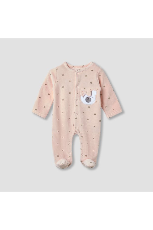 Crew Neck Sleepsuit with Bow Print- Cotton Blend - Long Sleeves