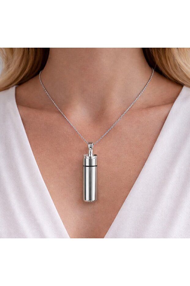 Storage Capsule Necklace Medicine, Prayer Ash Note Openable Women's Necklace Silver 45mm X14Mm