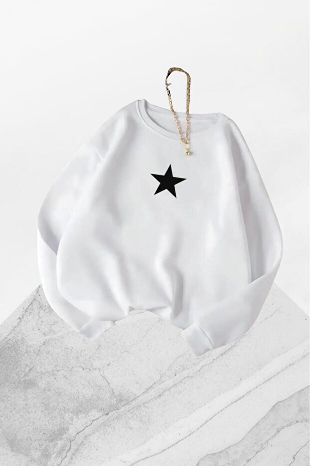 سويت شيرت نسائي أبيض اللون من Black Star مطبوع برقبة دائرية