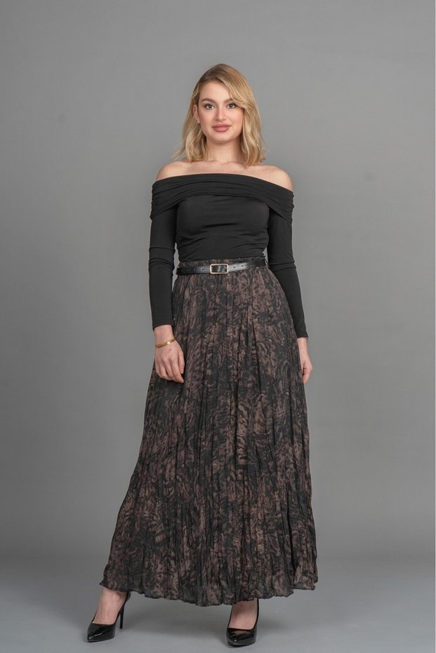 Women's Winter Brown Skirt with Elastic Waist and Belted Lining, Stylish, Daily, Comfortable 6851