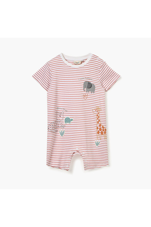 Striped Romper with Animal Applique and Short Sleeves