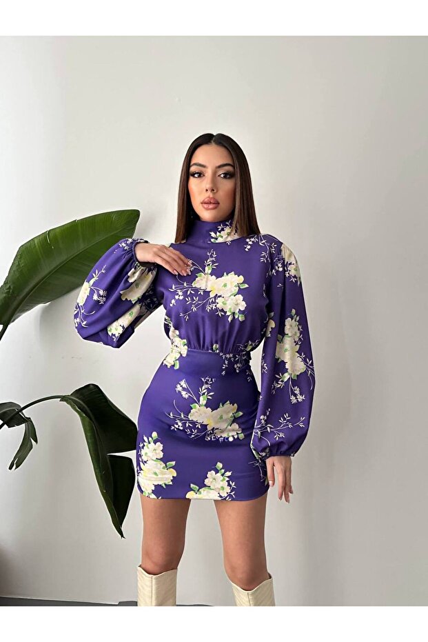 Mini rochie guler ridicat cu model violet - 1