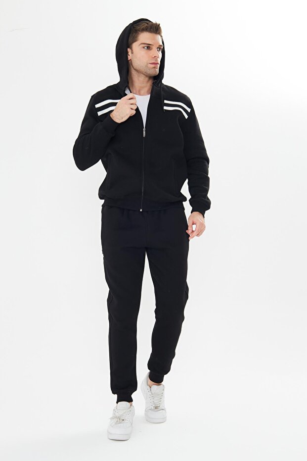 Men's Fleece-Lined Hooded Winter Tracksuit Set Black 9520-S
