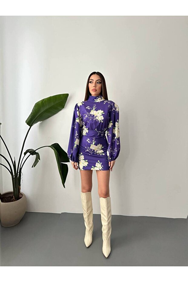 Mini rochie guler ridicat cu model violet - 5